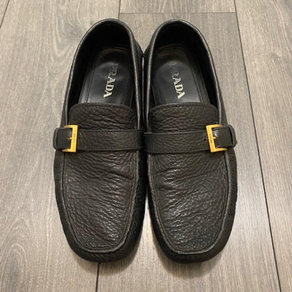 Prada Men's Black Textured Leather Driving Loafers Size 11.5
